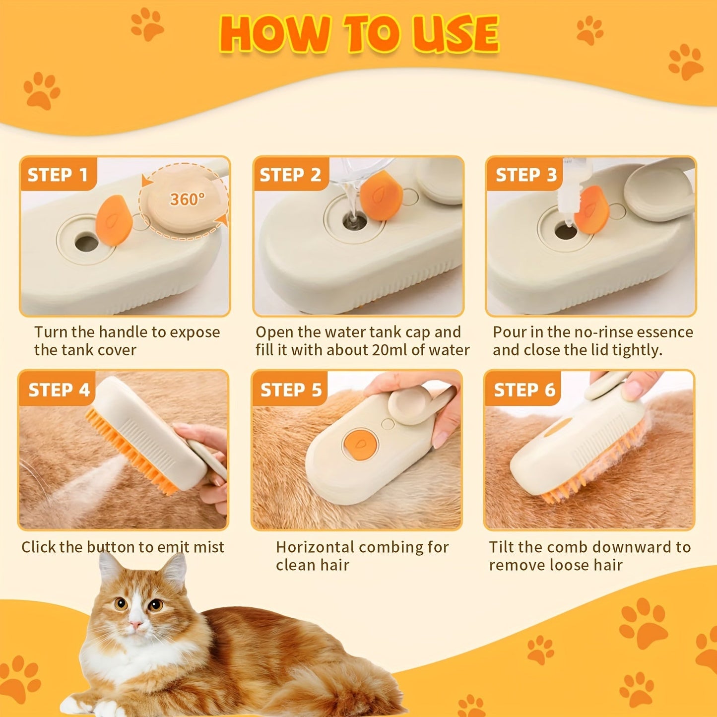3-in-1 Rechargeable Steam Pet Brush for Cats & Dogs