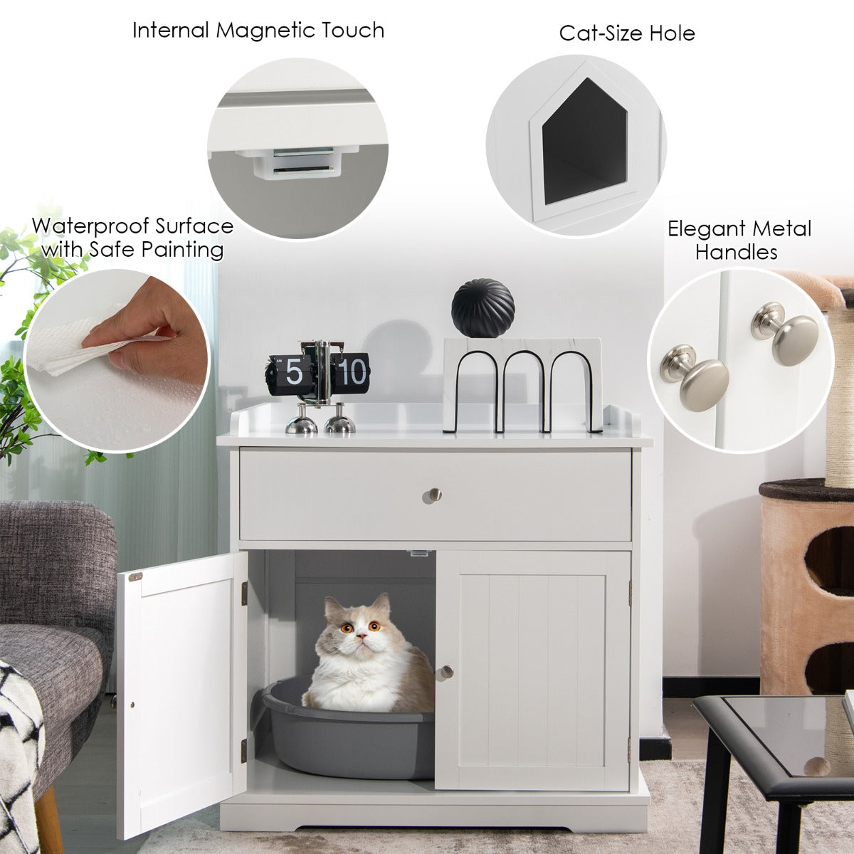 NNECW Modern Cat Litter Box Enclosure with Drawer & 2 Doors-White