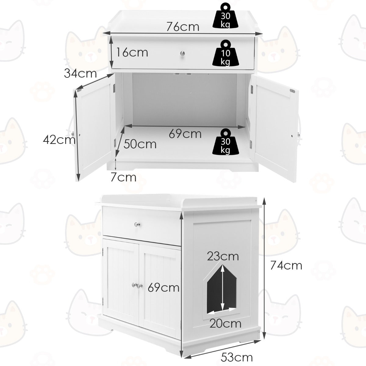 NNECW Modern Cat Litter Box Enclosure with Drawer &amp 2 Doors-White
