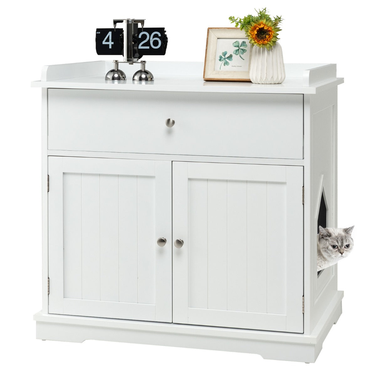 NNECW Modern Cat Litter Box Enclosure with Drawer &amp 2 Doors-White