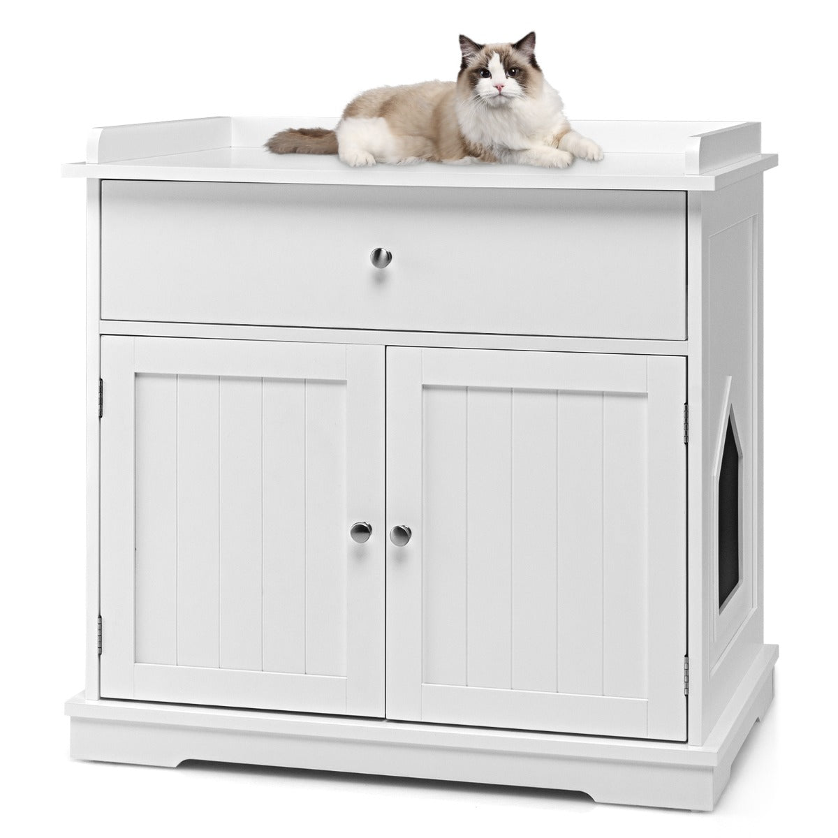 NNECW Modern Cat Litter Box Enclosure with Drawer &amp 2 Doors-White